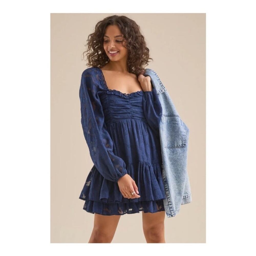 NWT Altar'd State Clairyn Smocked Mini Dress XS Navy Boho Renaissance Square
